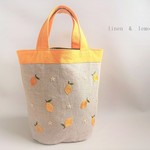 リネン刺繍の楕円底バッグ（レモン＆レモンの花）