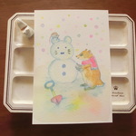手書きポストカード　アナグマとねずみの雪だるま