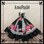 黒×白レースのゴシック上品ロングドレス（薔薇と蝶）