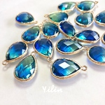 PT011☆2個セット☆13x18mm 雫☆フレームガラス☆パーツ•チャム☆ブルー•グリーン　ミックスカラー