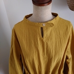 【SALE】ハンドワッシャーコットンリネン*バンドカラーのウエストギャザーワンピース