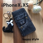 本格デニム生地★iPhone X.XS共通手帳型iPhoneケース★きらきら猫のホルダーつき