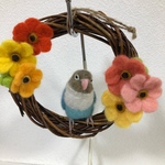 ボタンインコ とお花のリース♪羊毛フェルト