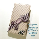 ギンガムチェックに ベージュの リボンが 可愛い プリントケース 全機種対応  スマホケース 手帳型ケース