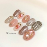 109 シェルフラワーのネイルチップ 冬ネイル  ニュアンスネイル ミラーネイル ピンク