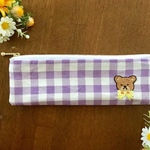 くまの刺繍ペンケース[紫チェック]