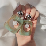 シルバーカボション×マーブルフープピアス 