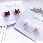 リボンでおしゃれ♪くまさんのピアス.ノンホールピアス