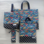 【naonao0329様専用】レッスンバッグ&上靴入れ&体操服入れ&歯ブラシ袋 4点セット クラシックカー柄 ターコイズブルー