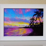 油絵原画『夕焼け空とビーチ』　額縁付き