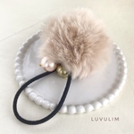 038 エコファーボールとコットンパールのヘアゴム  beige