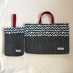 キルティング大きめレッスンバッグ＆上履き入れ  波ボーダー(青)×デニムライク