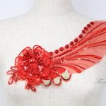 オーガンジー刺繍モチーフ 1枚 立体花 ラメ糸 スパンコール装飾 赤 (MFLC03RDJHSP)
