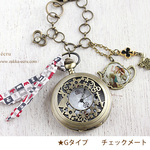 【★再入荷★】<G：チェックメート　赤黒>ペンダントウォッチ（チャームタイプ）懐中時計：不思議の国のアリス： ティーポット型レジン+リバティ