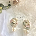 【人気作】ビーズ刺繍（パール×ピンク）::ビーズ:刺繍:樹脂イヤリング:樹脂ピアス:ノンホールピアス:パール::