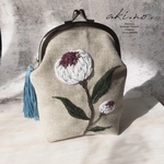 「手刺繍&がま口」・プロテア / リネン生地 ポーチ【受注販売】