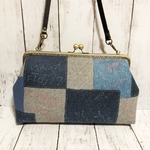 デニム風 パッチ柄 がま口バッグ 本革ショルダー付き ハンドメイド
