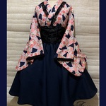 年末特別価格♪1点物*和柄 着物ドレス 全円サーキュラー袴風スカート 帯リボン★紺×黒(即納品)