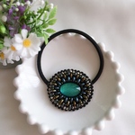 ビーズ刺繍 ヘアゴム   メタリックグリーン オーバル