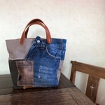 送料無料 ツギハギトートバッグ  デニム✖️アースカラー