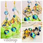 友禅和紙【青 紅葉柄】桜花傘&【ブルーグリーン】ホタルガラスの和風ピアス イヤリング