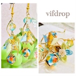 友禅和紙【桜格子柄】桜花傘&【ブルーオレンジ】ホタルガラスの和風ピアス イヤリング