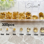【7種類：約300個】ゴールド  ビーズキャップ  座金  花座  透かしフラワー  6mm～16mm  ケース付き♡ #40603