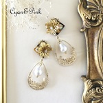*再販*【送料無料】  ❤️antique flower＆ボタニカルドロップフープの樹脂ポストピアス/ばね式イヤリング❤️