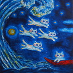 ★korokoroneruさま専用★原画３点 「月夜の大波と飛び猫5」 F6号 ほか ＃猫の絵＃招き猫＃天使猫＃オーダーメイド絵画＃再販オーダー作品