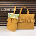 【バラ売り可】花柄裏地のフリルバッグ／マスタード／レッスンバッグ&シューズケース