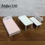 シルバニア用 ベッド、テーブル&長イス ミニチュア家具 ドールハウス