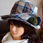 ダブルブリムクロッシュpk03ウール白×ブルー系チェック秋冬帽子