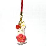 にゃんこのしっぽ○初春にゃんこストラップ〇梅の花〇白猫グリーンアイ