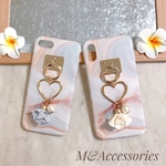 ★[G5]iPhoneケース シェル 大理石風 ハート&コットンパールチャーム お花