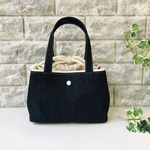 丸洗いOK ランチ巾着袋バッグ　お散歩バッグ　お弁当袋　巾着袋　デニム ×生成り シルバーボタン　ベーシック　保冷シート別途　トート型　巾着袋