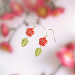 紅梅とリーフのピアス(チェコガラス)/p686