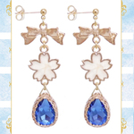 桜 サクラ さくら リボン 雫 ドロップ ガラス 金 ゴールド 青 ブルー ピアス イヤリング 両耳用 ペア アクセサリー 結婚式 ドレス パーティー 可愛い レディース