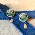 ビーズ刺繍☆スモーキーブルー&ターコイズブルーおおぶりピアス