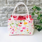 丸洗いOK ランチバッグ　ピンクの花柄×ピンク　保冷シート別途　お弁当袋　巾着袋　持ち手付き　トート型