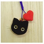 ちりめん根付け　黒猫　(ねこ&ハート)