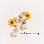 【再販20】ひまわり×パールチャーム ピアス イヤリング
