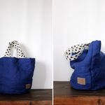 【再販】ネイビーリネン×水玉▼ふかふか丸底のトートバッグ▼