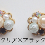 再販 キラキラビジューとパールのピアス♡クリア×ブラック
