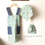  キッズエプロン3点セット　140-150サイズ とり グリーン