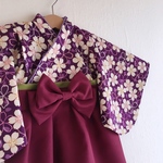 袴ワンピース【受注製作】ライン桜文様　紫×エンジ袴×うす紫襟×抹茶帯：ベビー袴・子供袴☆100日祝い・お食い初め・節句・お正月