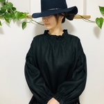 （再販）リネン🌱フリル襟ふんわり袖のギャザーブラウス🌱黒