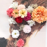 ドライフラワーカスミソウと春オレンジのお花が可愛い♡オレンジダリアとピンク紫陽花の髪飾り☆成人式　髪飾り 花飾り　袴　振袖　結婚式　浴衣 和装 ヘアアレンジ
