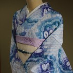 ◇現代有松鳴海絞り◇【水色+ターコイズブルー+紫】どこから見ても美人色ぼかしの技法　幻想的な柄　トールサイズ　　裄68.5ｃｍ　木綿　和裁師浴衣