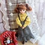 フリルブラウスとティアードスカートのセット　ミモザ×グレンチェックブラック＊22cmdoll
