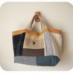 　♫　シンプルリネン系　ランダムパッチ  横長トート 　ネコ刺繍　 ♫　リネン　ブラックウォッチ　麻　ドット黒
